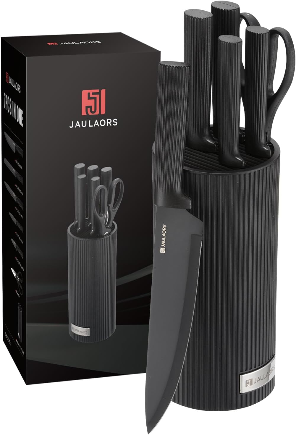 Knife Set, 7 Piece Black Knife Set with Block, Ultra-Sharp Kitchen Knives Set for Kitchen, Ergonomic German Stainless Steel Knife Block Set, Dishwasher Safe (Black) Knife Set, 7 Piece Black Knife Set with Block, Ultra-Sharp Kitchen Knives Set for Kitchen, Ergonomic German Stainless Steel Knife Block Set, Dishwasher Safe (Black)