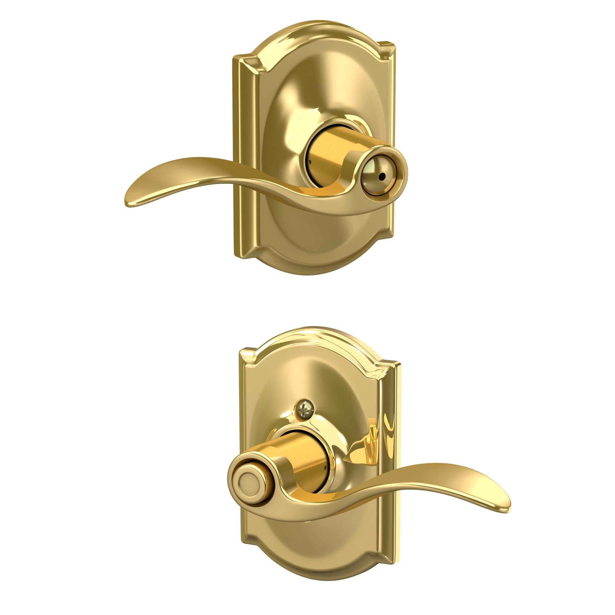 SCHLAGE Accent Lever with Camelot Trim Bed and Bath Lock in Bright Brass