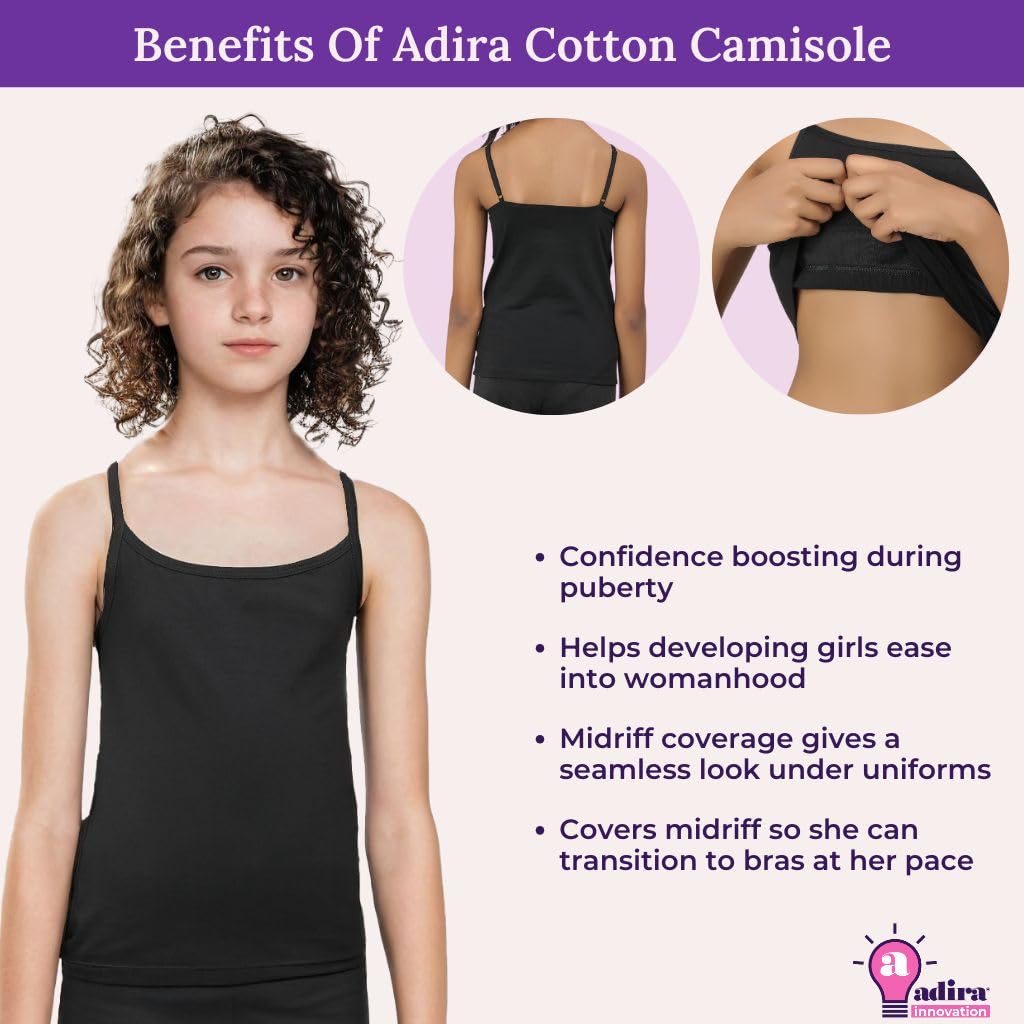 ADIRA | Teen Camisoles | Flat Padded Innerwear Vest | Camisole for Puberty | Girls Slip | Covers Nipples & Gives Confidence At School | Stretchy Cotton | Pack of 2 | Black & Grey | L 3