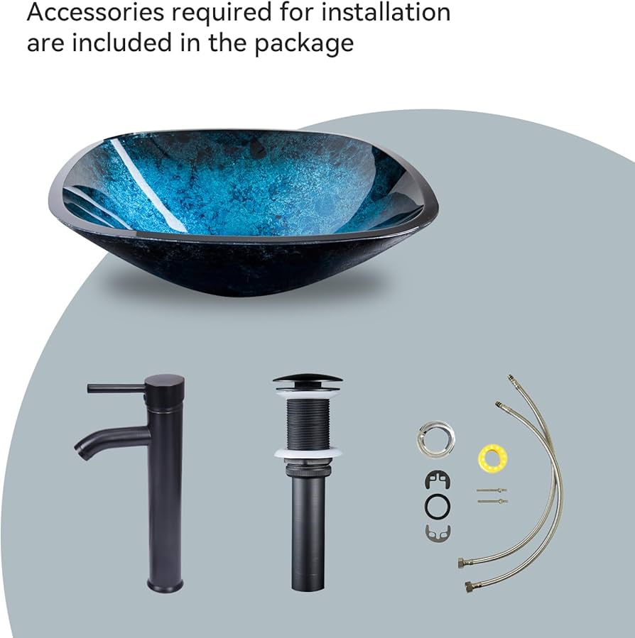 Artistic Square Bathroom Sink Blue Tempered Glass Vessel Sink