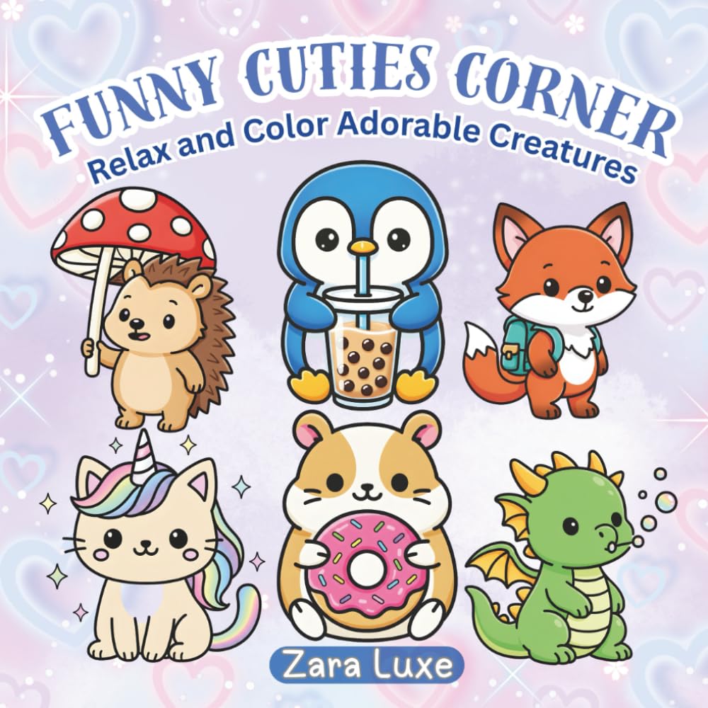 Funny Cuties Corner: Relax and Color Adorable Creatures - 40 Cute Kawaii illustrations for kids and Adults