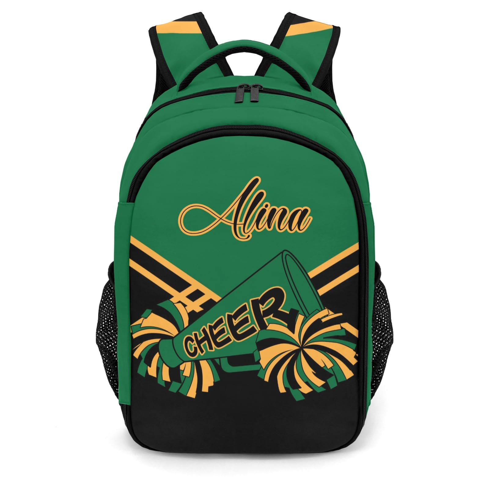 SunFancyCustom Cheerleader Green Black Gold Daypack Backpack Laptop Bag Custom Name Shoulder Bags School Backpack for Sports Party