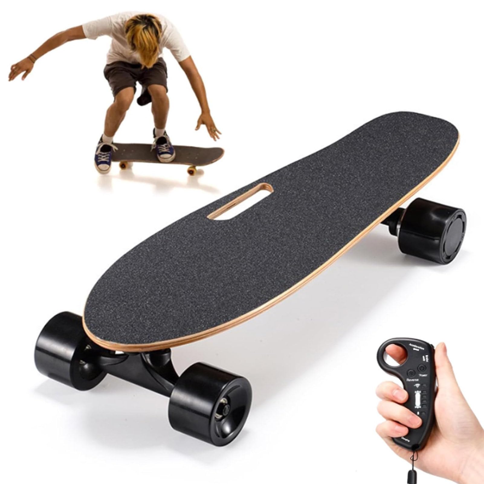 Skateboard électrique avec télécommande, Vitesse maximale de 22 km/h, freinage progressif à 4 Vitesses, poignée de Transport Pratique, Longboard adapté aux Adultes et aux Adolescents