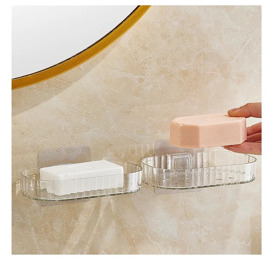 Image of Xmart India Self-Adhesive Soap Holder for Bathroom - Transparent Acrylic Soap Stand with Self-Draining Design, Drill-Free Soap Dish bathroom organiser without drill bathroom accessories set(Pack of 2)