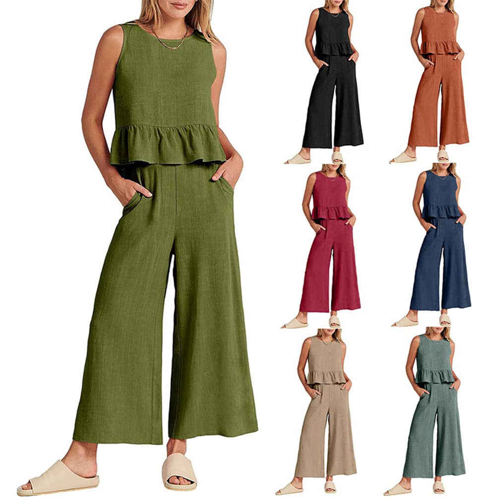 shownicer Ensemble en Lin Femme Chic et Elegant Costume 2 Piece Lâche Couleur Unie sans Manches Camisole Vintage et Pantalon Été Décontracté Ensemble Vetement Casual Outfit