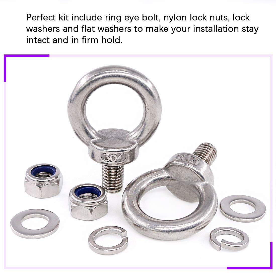 Kit Tornillos Ojo M5 Acero Inoxidable 304 – 6 Pernos, Tuercas, Arandelas, Para Elevación