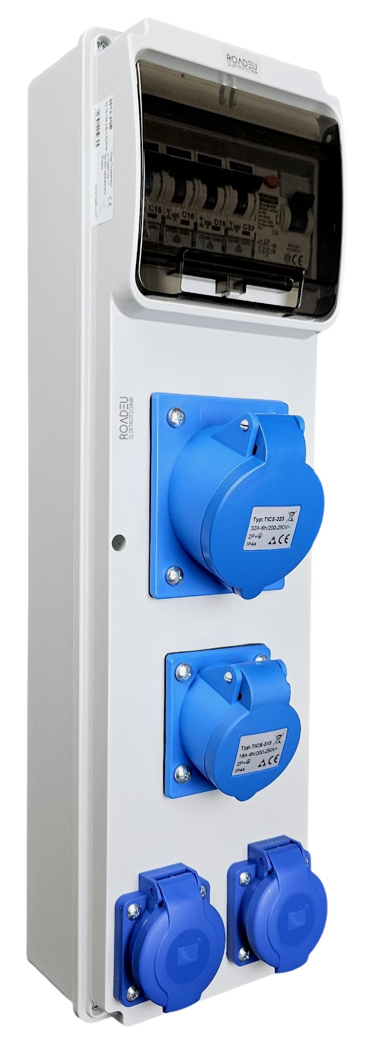 RoadEu Quadro elettrico 230V IP44 con differenziale 40A 30mA e magnetotermici | 1 presa CEE 32A, 1 CEE 16A 3P e 2 Schuko | quadro da parete precablato