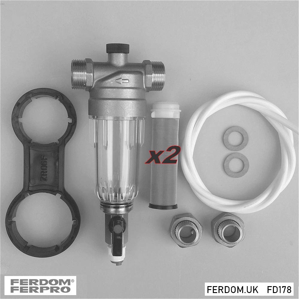 FERDOM FD178 Prefiltro & Extra Maglia. Filtro Dell’acqua Spin-Down Depuratore, Riutilizzabile. Maglia Inox 90 Mic, Con.1/2”(3/4) Flusso max 2,5m3/H. Testa Ottone, Involucro Trasparente. Acqua Potabile