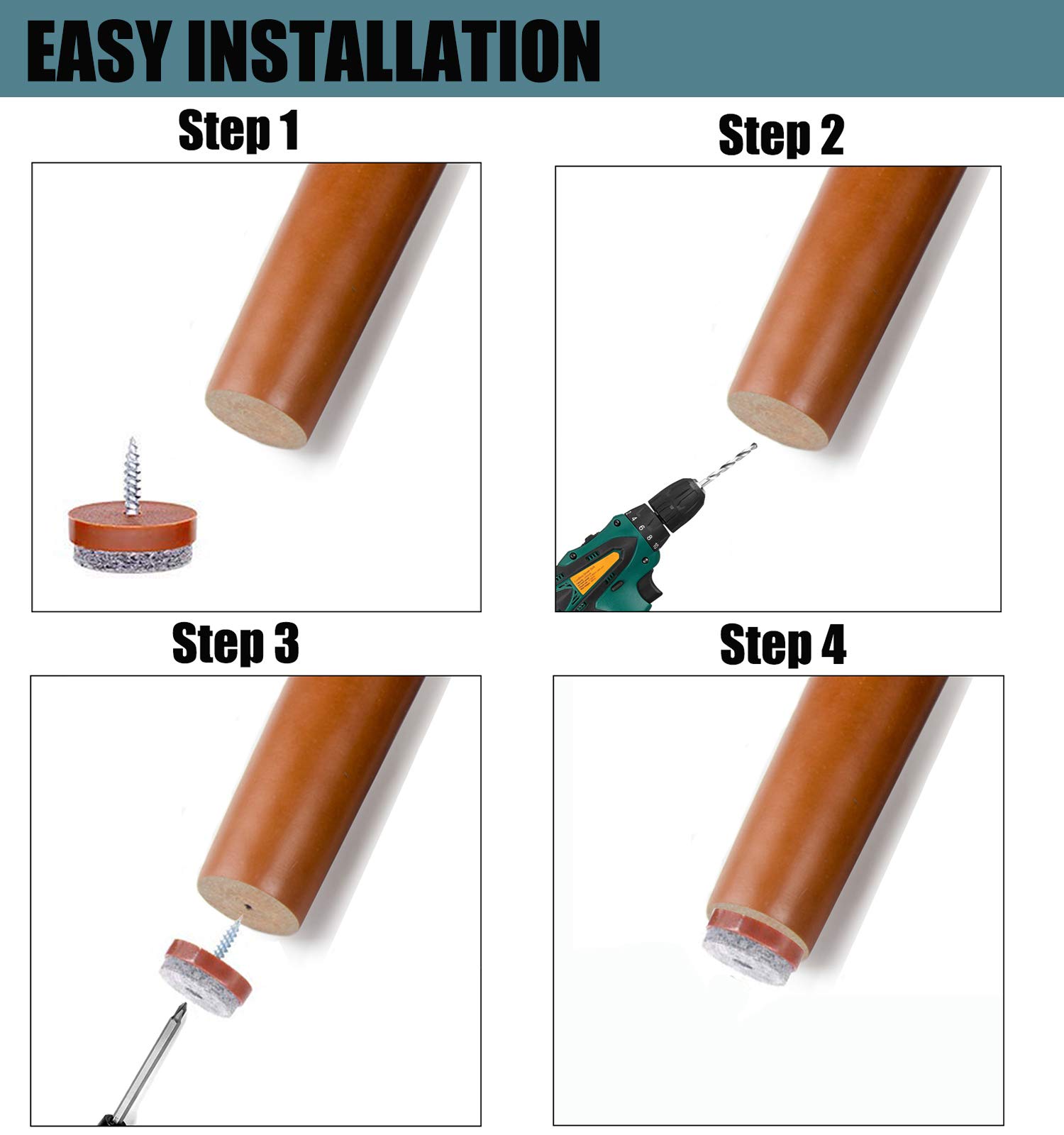 40pcs Round Screw-in Felt Pad Floor Protectors for Wood Furniture Chair Table Leg Feet Slide Smoothly 20mm Brown — view 4