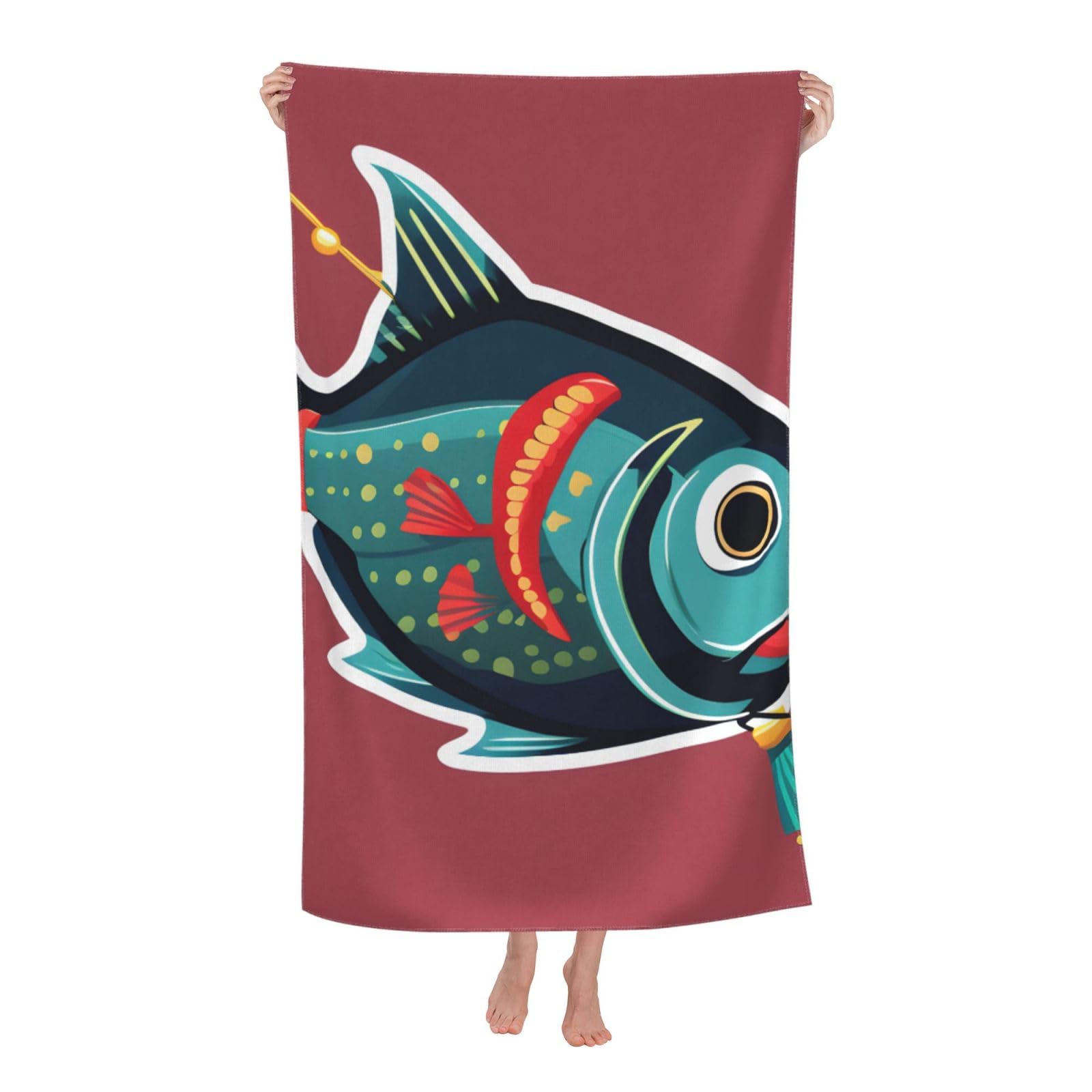 Pojknbv White Fish With A Lure Print Oversized Adult Beach Towel Quick-Dry Comfortable Lightweight Travel Pool Camping