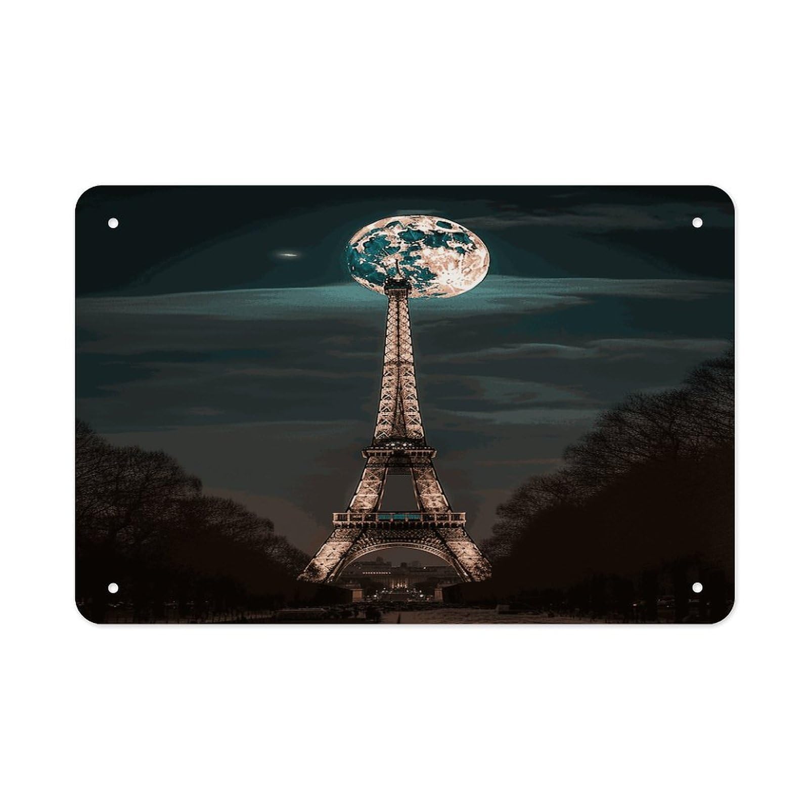 Fekiloot Style Full Moon Paris Eiffel Tower Metal Signs Wall Art Tin Sign