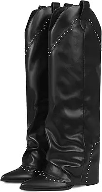 Women's Shark Studded Fold Over Knee High Boots Tall Pull-on Snip Toe Cowboy Cowgirl Slouch Boot Dress