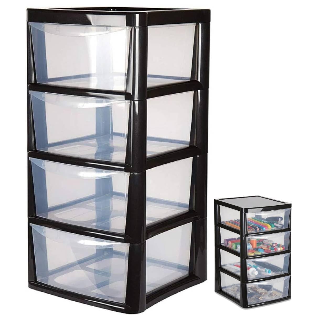 4 Drawer Large Plastic Storage Unitr,Sturdy Drawer Tower Organizer, Home Office School Kids Toy Bedroom Storage Solution, With See Through Drawers for Home Office Crafts Black Clear