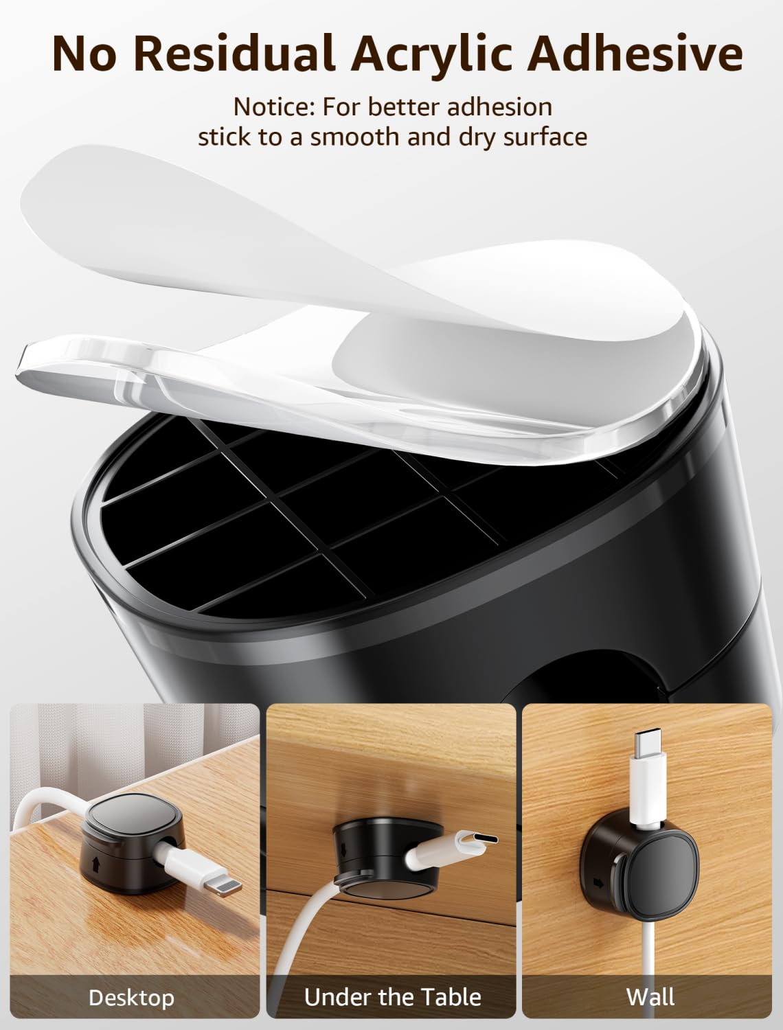 Clips magnéticos para cables, paquete de 12 unidades compactos [bloqueo de 1 segundo] soporte de cable [suave ajustable], soporte de cable de teléfono para mesita de noche, organizador de