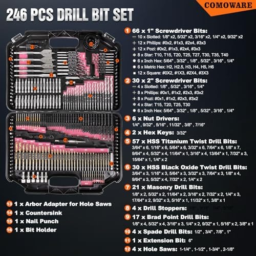 Image of COMOWARE 246 Pcs Drill Bit Set for Cordless Drill, Drill Driver Bit Set for Wood, Metal, Masonry, Cement and Screwdriver Bits Set Combo Kit, Pink Case
