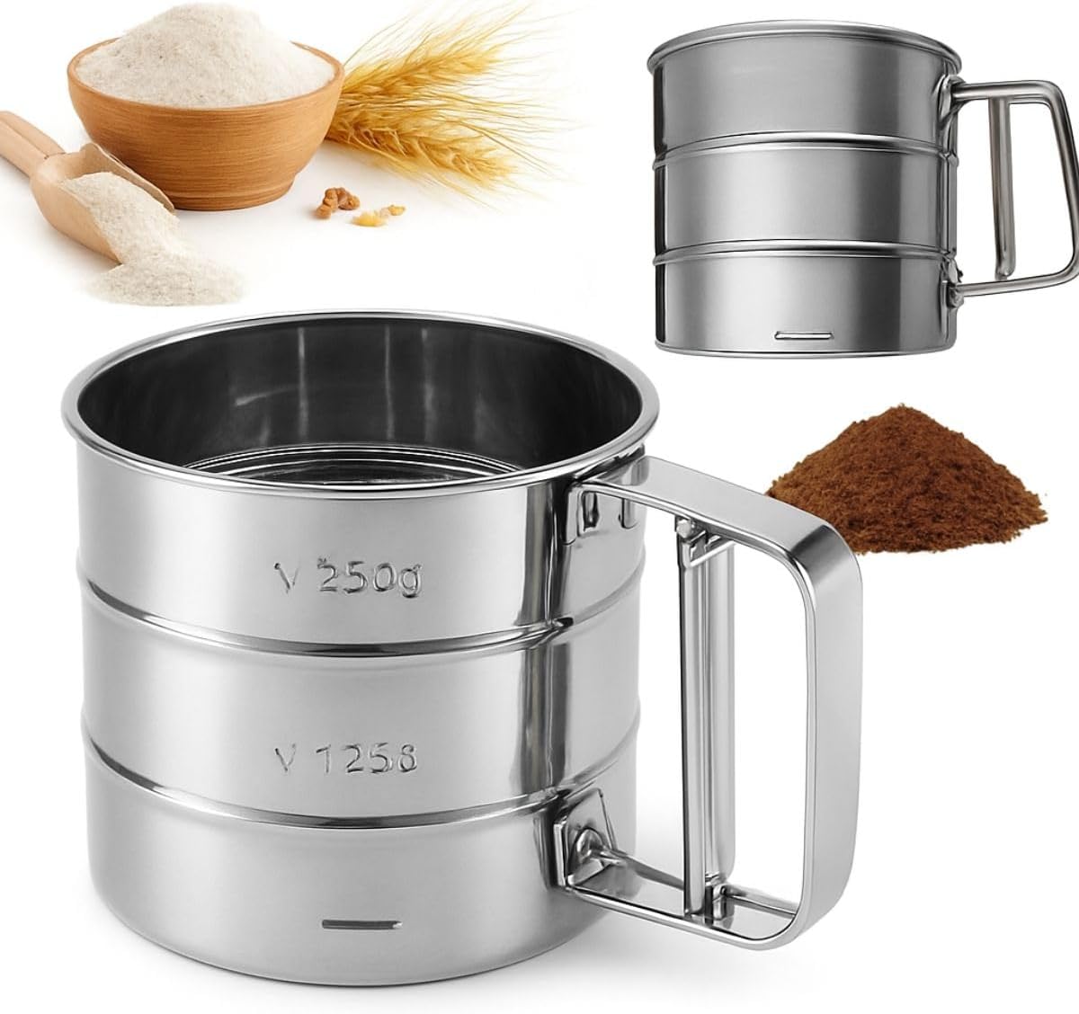 Peneira Manual em Aço Inox Polvilhador com Gatilho para Farinha Açúcar e Temperos