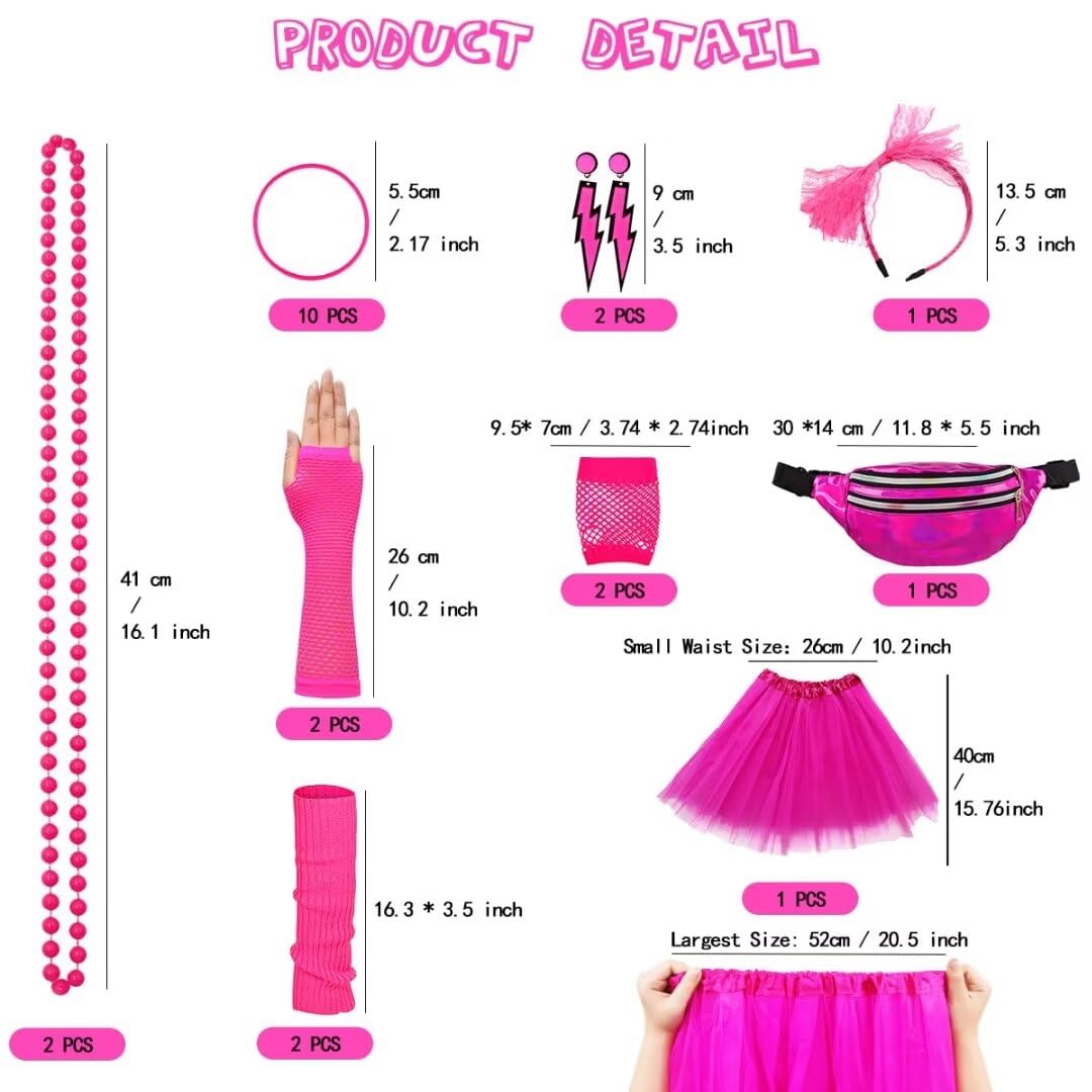 WILDPARTY Jaren 80 verkleedkleding voor dames, I Love 80s T-shirt, tutu-rok, legging, beenwarmers, ketting, visnethandschoenen, neonkostuums, accessoires voor retro themafeest, cosplay