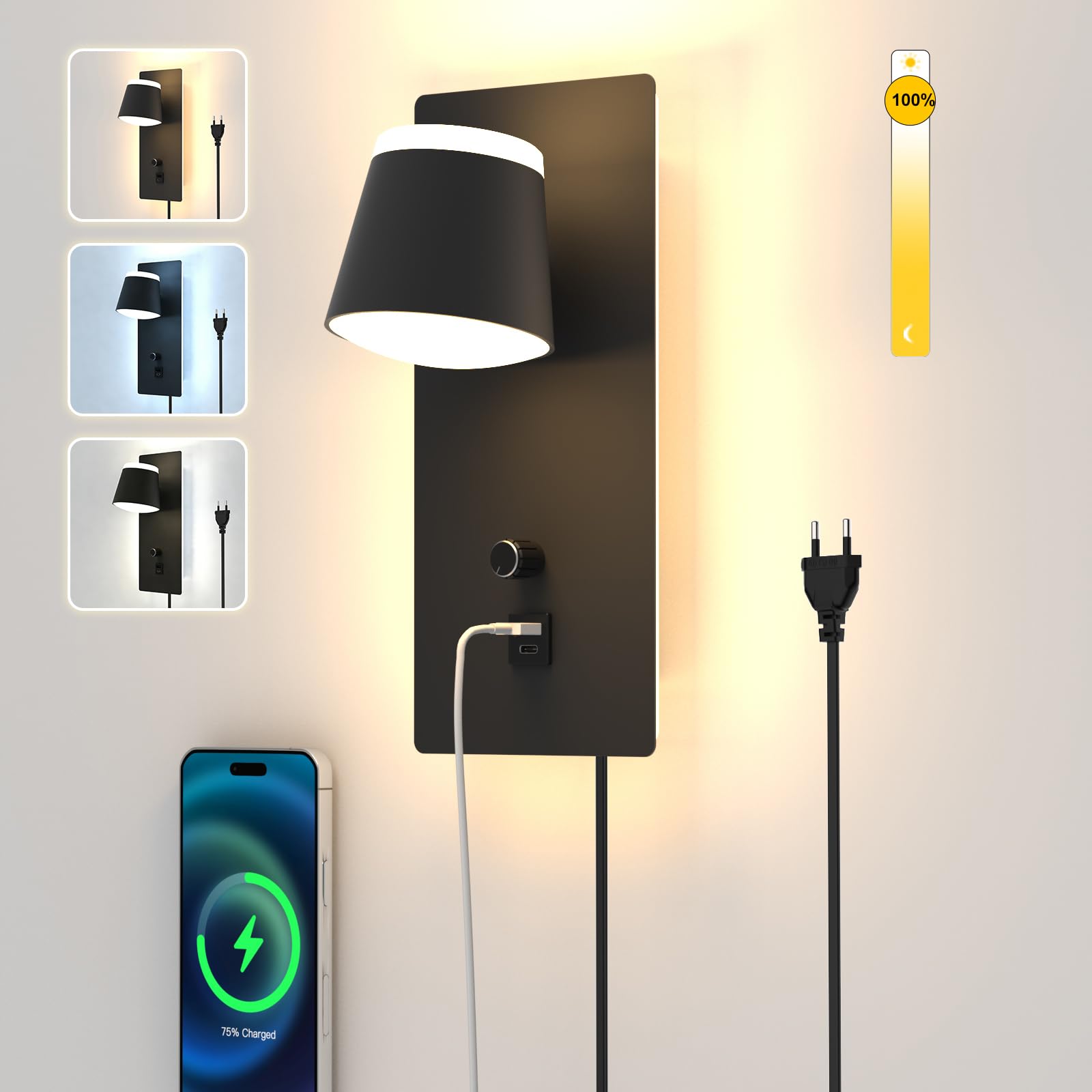 Sytmhoe Schlafzimmer Wandlampe Mit Schalter Stecker USB Type C Ladefunktion, 25W 2000LM Dimmbare Nachttisch 3000K 6000K 4500K Modern Schwarze Wandleuchte Innen Mit Kabel, Drehbar Wand Leselampe