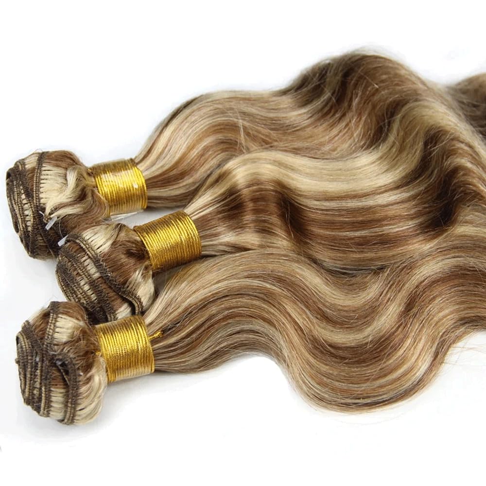 P4613 Bundles Highlight Body Wave Human Hair Bundles Two Tone Dark Brown Mixed Blonde Bundles 3 Bundles 10 10 10 Inch 613 Body Wave Bundles