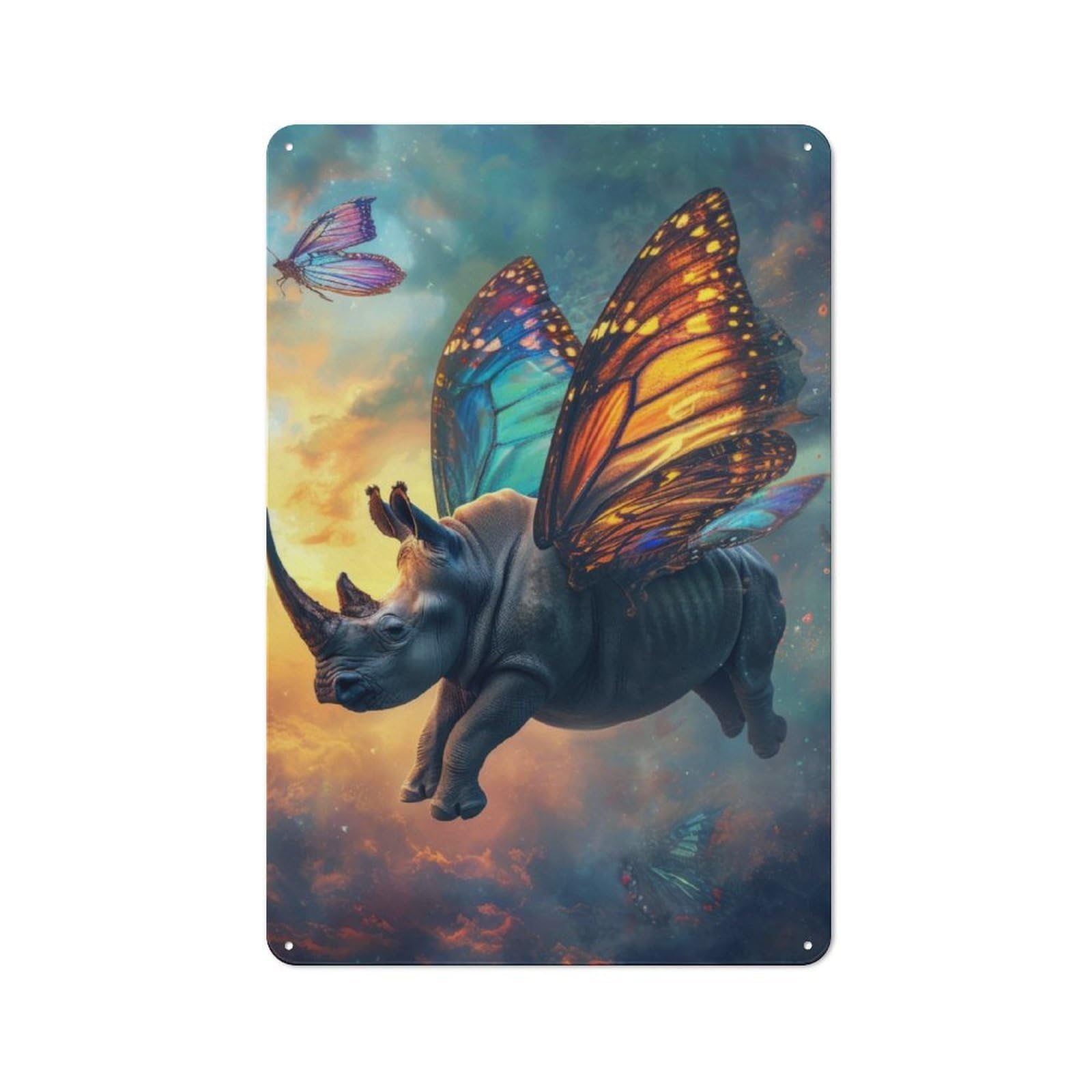 Junmoney Flying Rhino With Wings Decorative Metal Plaque 30X20cm, Modern Retro Urban Room Decor For Workspace, Cafe, Hallway Or Garage