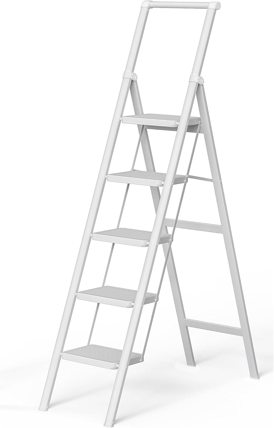 SOLADDER 5 Step Ladder, Folding Step Stool, White Foldable Iron Ladder for 10 Foot High Ceiling with Anti-Slip Wide Sturdy Pedal and Handgrip, Multi-Use for Home (300 lbs Capacity)