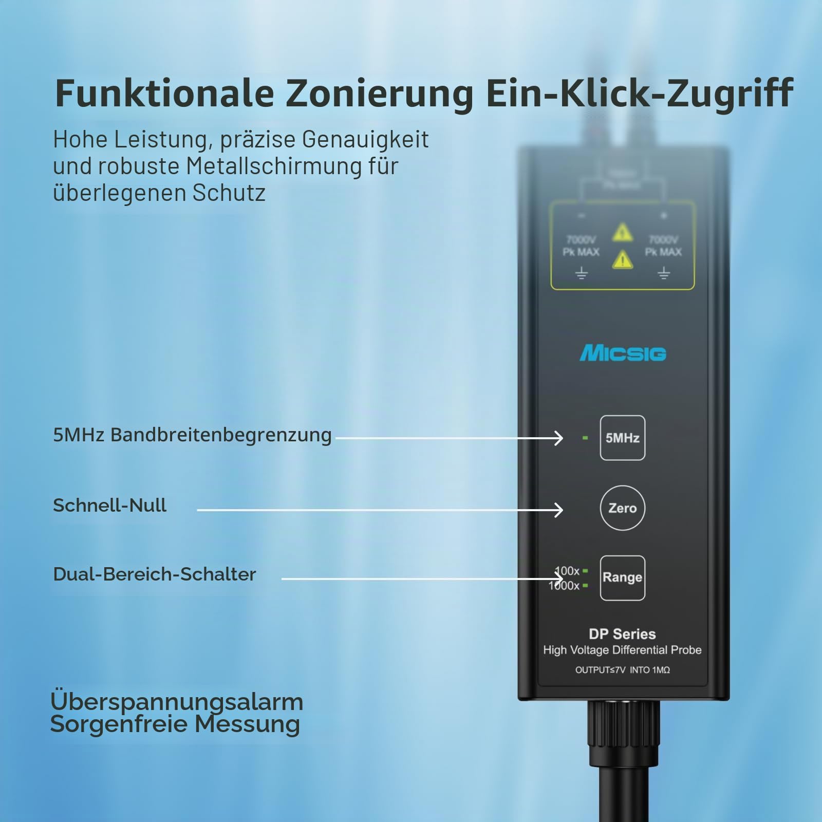 Micsig DP1500 Hochspannungs-Differenzsensoren-Sonden-Set, 3,5 ns, Dämpfungsrate 50X/500X, Oszilloskop-Sonden-Kit Zubehör, 1500 V 100 MHz, DP10013