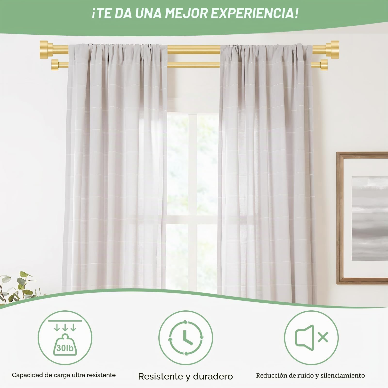 TANGWIN Barra doble para cortinas de hierro latón dorado, extensible de 167 a 305 cm, diámetro 2,5 cm, resistente y decorativa, para salón o dormitorio, diseño moderno, fácil de instalar