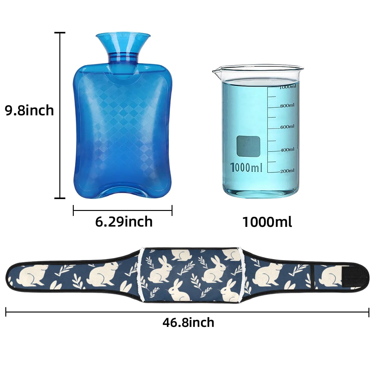 Hot Water Bag with Waist Cover Rabbits Blue Leaves Warm Hot Water Bottle Belt Plush Double Hand Insert Wearable Water Bag Detachable Hot Bottle Pouch for Neck Shoulder Pain Relief