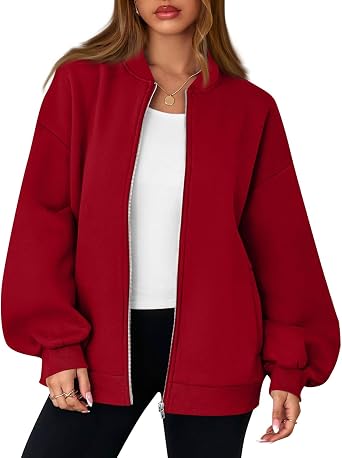 Oversized Zip Up Sweatshirt Women No Hood Lightweight Bomber Jacket Fleece Athletic Workout Jackets with Pockets