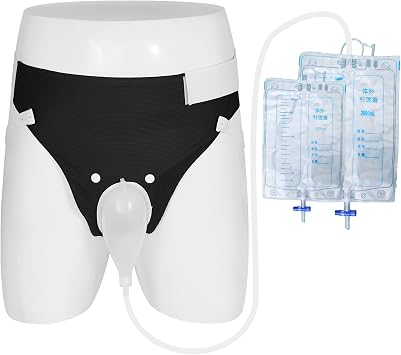 Wearable Urine Collection Bag Condom Catheters for Men, Reusable Portable Wearable Urinary Drainage with Silicone Urine Bags 2000 ML*1+1000 ML*1 for Bedridden Patients Black-Elderly Men