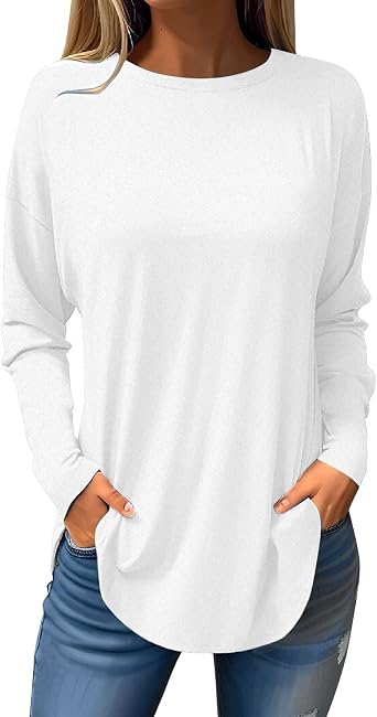 Womens Tops Fall 2024 Long Sleeve Crew Neck Tunic Solid Color Loose Fit Tee Shirts Lightweight Casual Blouses