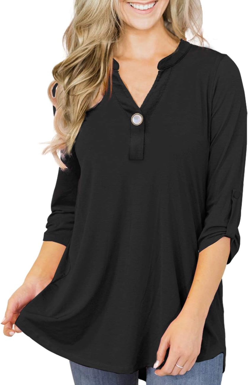 LIENRIDY Women’s Plus Size Tops 3/4 Roll Sleeves Tunic Blouses V Neck Henley Shirts M-4X