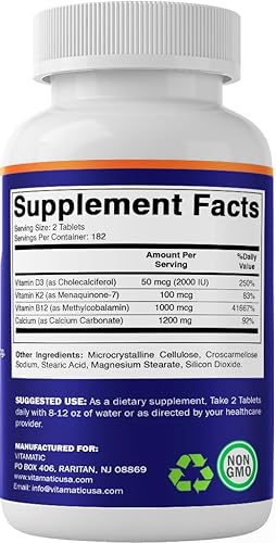 Miniatura 8 de Vitamatic Suplemento de calcio de 1200 mg con D3, K2 y B12, apoyo para la salud inmune y ósea - 365 tabletas recubiertas