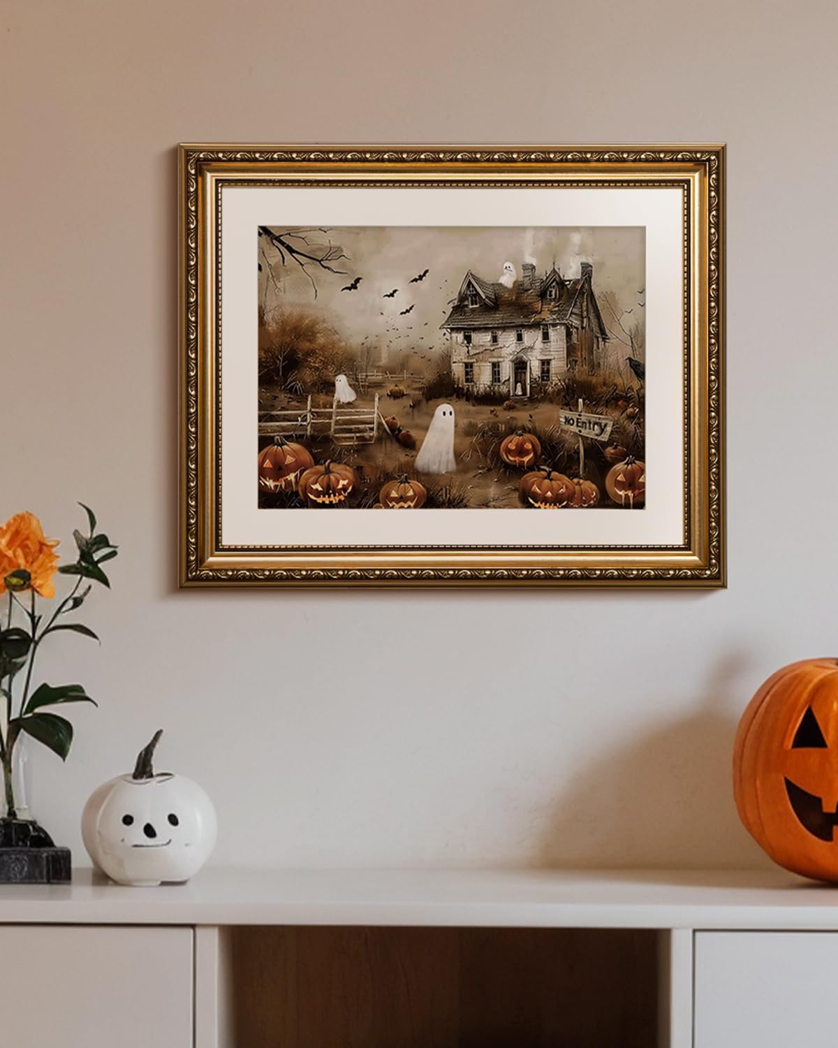 Vintage Gold Framed Spooky Halloween Wall Art, 13x16 Haunted House Jack-o’-Lanterns Bats Canvas Painting Print, Ghosts Pumpkins Halloween Picture Holiday Home Room Atmospheric Decor