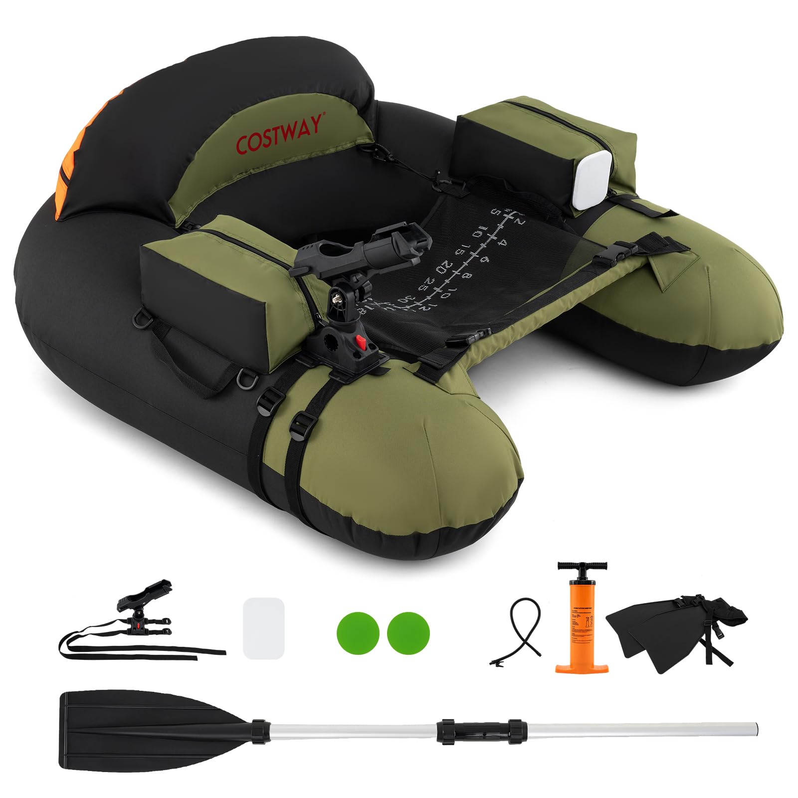 COSTWAY Inflatable Fishing Float Tube, Fishing Boat with Pump, Adjustable Straps, Paddle, Pockets, Fish Ruler, Rod Holder & Flippers, 150kg Capacity Adult Belly Boat (Green, 111x104x46cm)