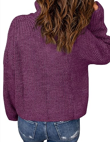 Merokeety LONG SLEEVE V NECK SWEATER Women'S 2024 Long Sleeve Chunky Knit Sweaters 1/4 Zip Polo V Neck Casual Pullover Tops,Darkpurple,Xxl thumb #3