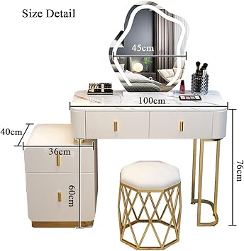 Vanity Table Sets with LED Mirror and Sideboard with Drawers, 3 Color Touch Screen Dimming Mirror, Dressing Table for Makeup Room and Bedroom with Stool,White-gold-100cm