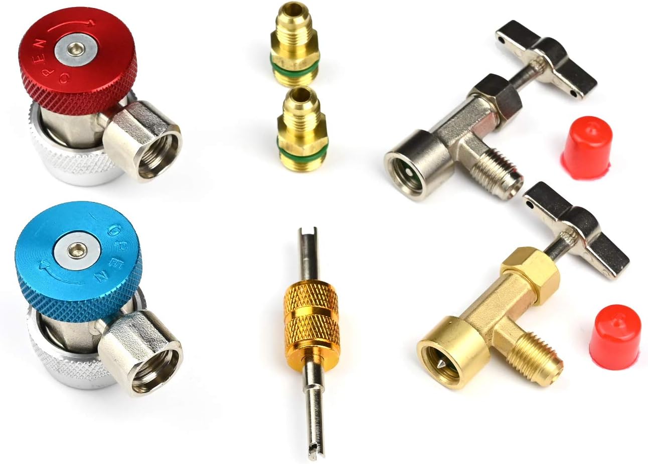 Lu-Hawk R134a Adapter Fitting Kit with Self Sealing and Single-Use Can Tap Valves and Valve Core Removal Tool.