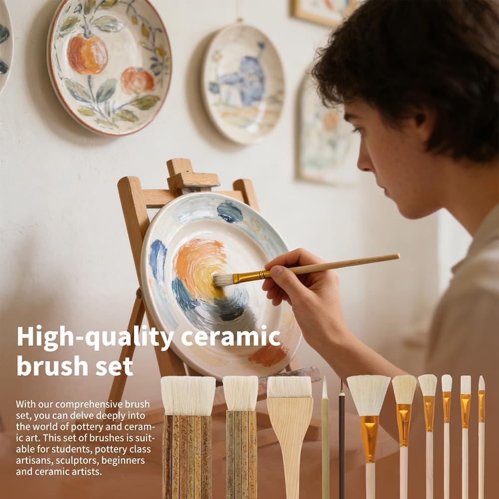 Pottery Glaze Brushes, Pottery Brushes for Glazing, 11 PCS Painting Ceramic Brush Set, Different Shape Wool Soft Bristle for Ceramic Potterys Glazing Creation, Acrylic, Watercolor