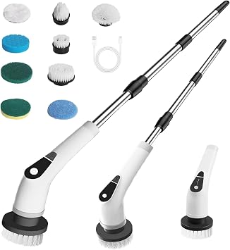 9-in-1 Electric Spin Scrubber Cordless Electric Household Cleaning Brush with 9 Interchangeable Heads, 5 Adjustable Speeds, IPX6 Waterproof, Adjustable Extendable Handle for Bathroom Kitchen