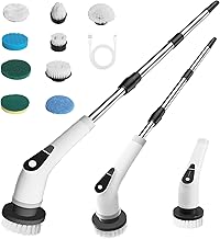 Auveach Electric Rotary Cleaning Brush with 9 Replaceable Heads Powerful Motor 5 Speed Adjustable with 130 cm Extendable Handle Adjustable for Home Bathroom Kitchen Car (White)