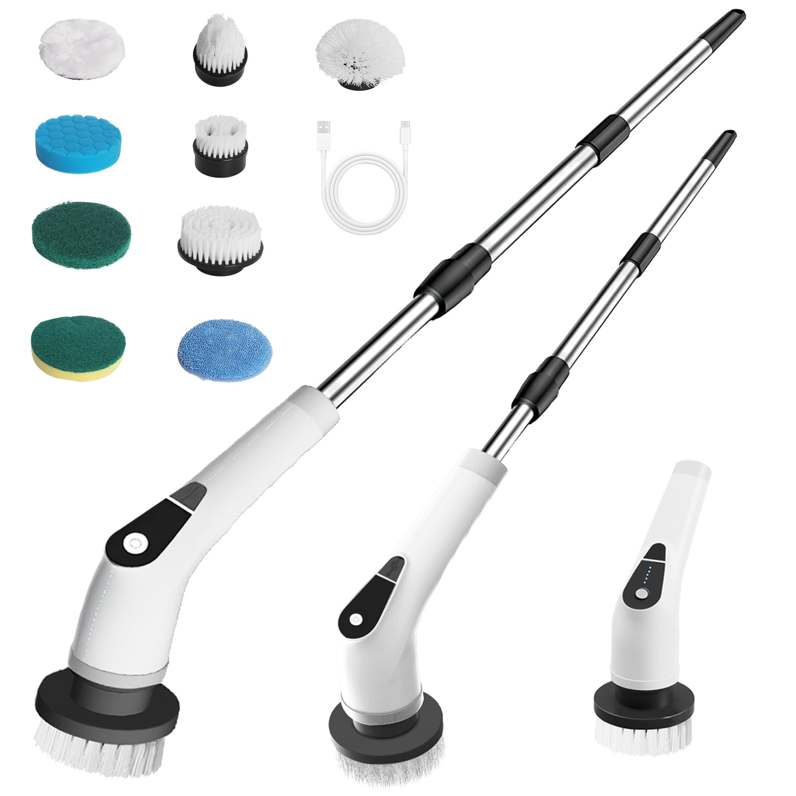 Cepillo Electrico Limpieza Hogar 9 en 1, Fregadora Giratoria Eléctrica con 9 Cabezales Intercambiables, 5 Velocidades Ajustables, IPX6 Impermeable, Mango Extensible Ajustable para baño, Cocina