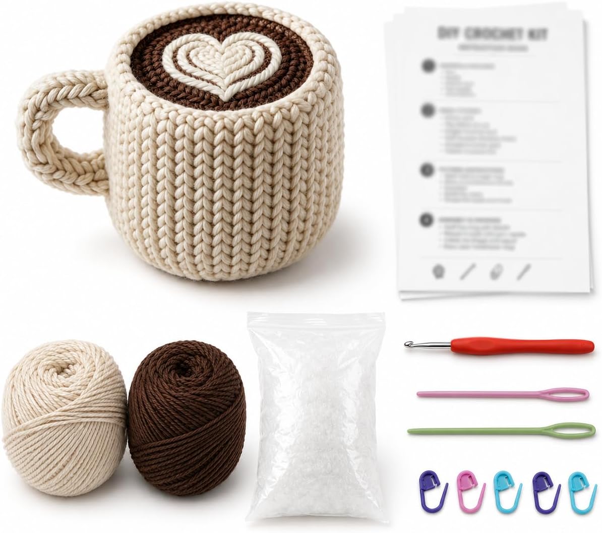FACE N FACE DIY Crochet Coffee Mug Kit for Beginners – Handmade Yarn Latte Art Cup Craft Set with Yarn, Fiberfill & Step-by-Step Instructions – Easy Beginner Crochet Home Decor Gift for Adults