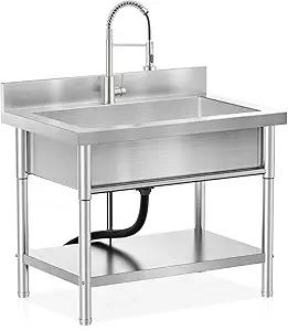 Stainless Steel Utility Sink Single Bowl Freestanding Laundry Sink with Pull-Out Faucet