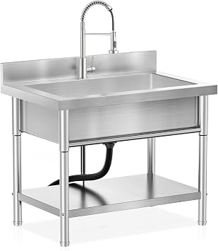 Stainless Steel Utility Sink, Free-Standing with Faucet & Legs for Laundry Room, Kitchen, Restaurant, Garage, Outdoor Garden, Backyard, Industrial Use 23.6"D x 39.4"W x 31.5"H
