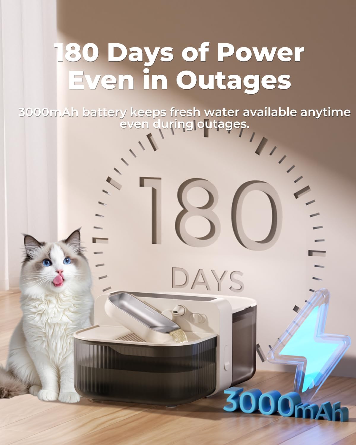 Invengo MeowFlow E100 water fountain with a cat, highlighting the 180-day battery life.