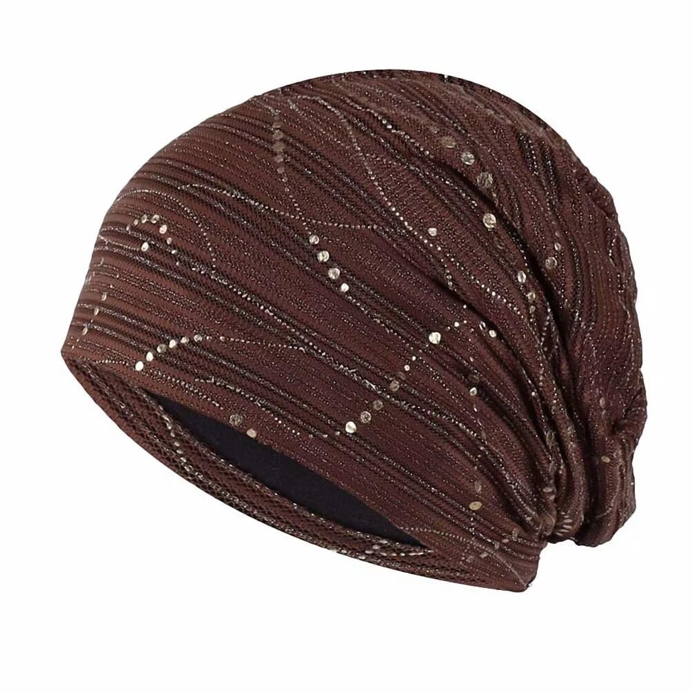 Plancholo Women's Brown Lace Chemo Turban Headwear Beanie Chemo Cap Chemo Headwear With Sequin