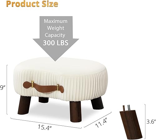 Miniatura 2 de LUE BONA Taburete pequeño curvado con asa, reposapiés de terciopelo beige y otomanos, moderno reposapiés con patas de madera, taburete con asiento