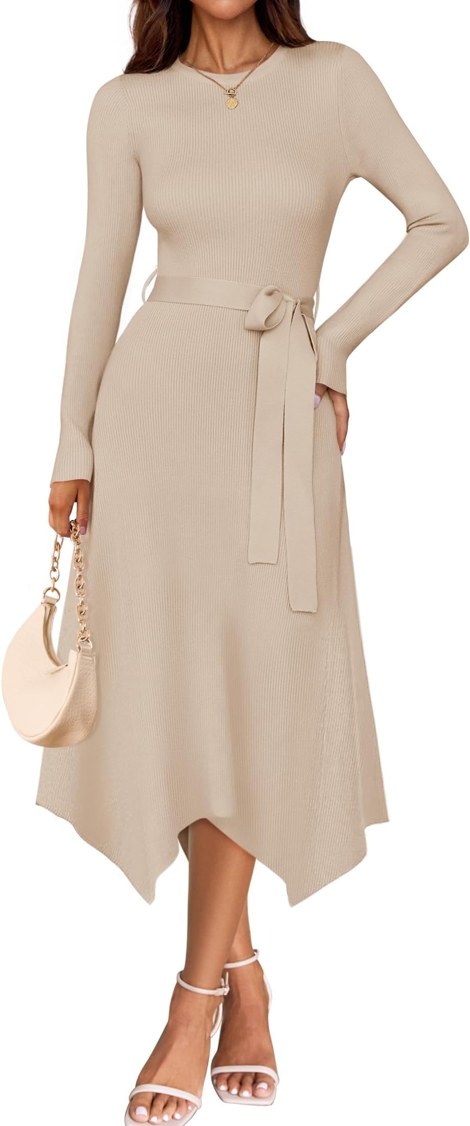 ZESICA Women's 2025 Spring Long Sleeve Crewneck Ribbed Knit High Waist Midi Sweater Dresses with Belt