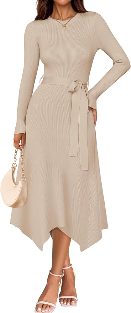 ZESICA Long Sleeve Sweater Dresses Wedding Guest Midi Dress Apricot S